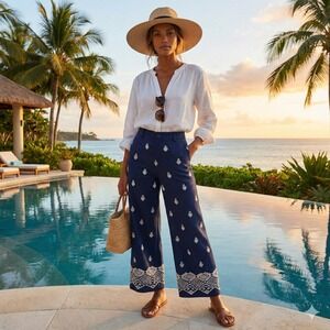 ZARA Womens Wide Leg Linen Cropped Pants S Embroidered Geometric Boho Aztec Art